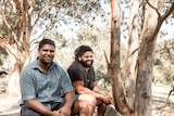 Two men seated, smiling at the camera, with gum trees in background.