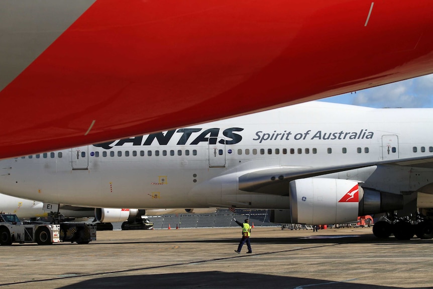 A Qantas plane on the tarmac at Sydney Airport.