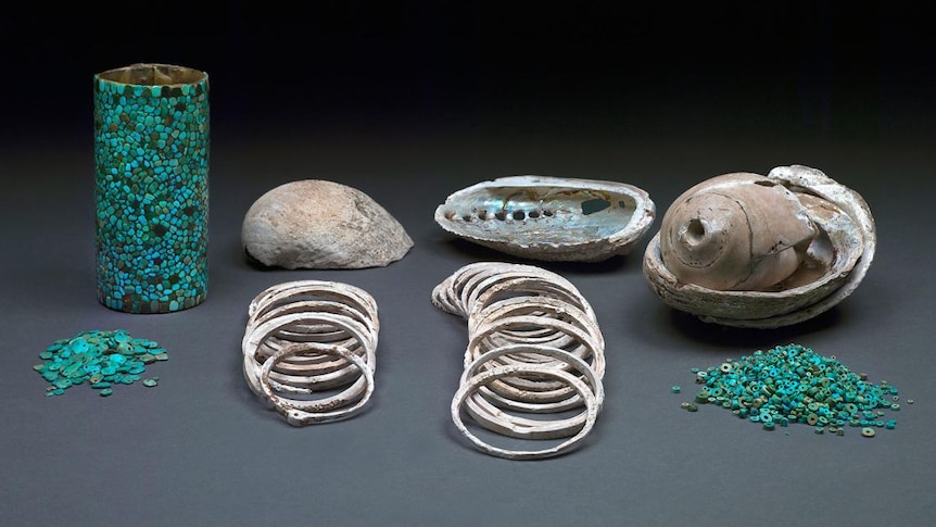 Turqouise and shell artefacts found at Pueblo Bonito