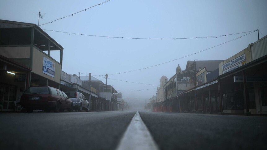 Moody and dark streetscape in Queenstown, Tasmania, August 2019