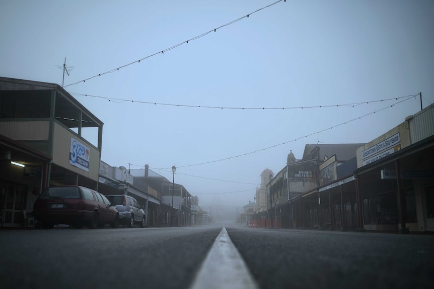 Moody and dark streetscape in Queenstown, Tasmania, August 2019