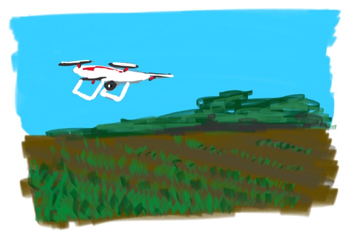 Drawing of a drone flying over crops - drone was surprisingly tricky to get right!