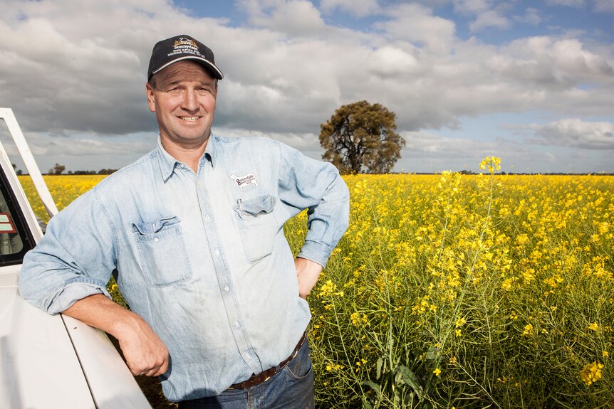 Andrew Weidemann standing in canola field, leaning against car