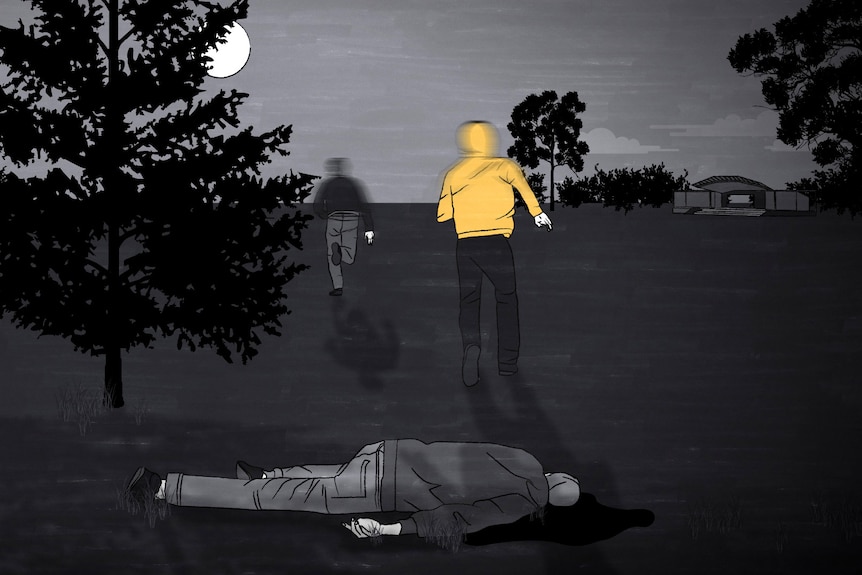 Illustration of two boys running away after stabbing other boy who is on ground bleeding out.
