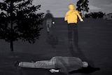 Illustration of two boys running away after stabbing other boy who is on ground bleeding out.