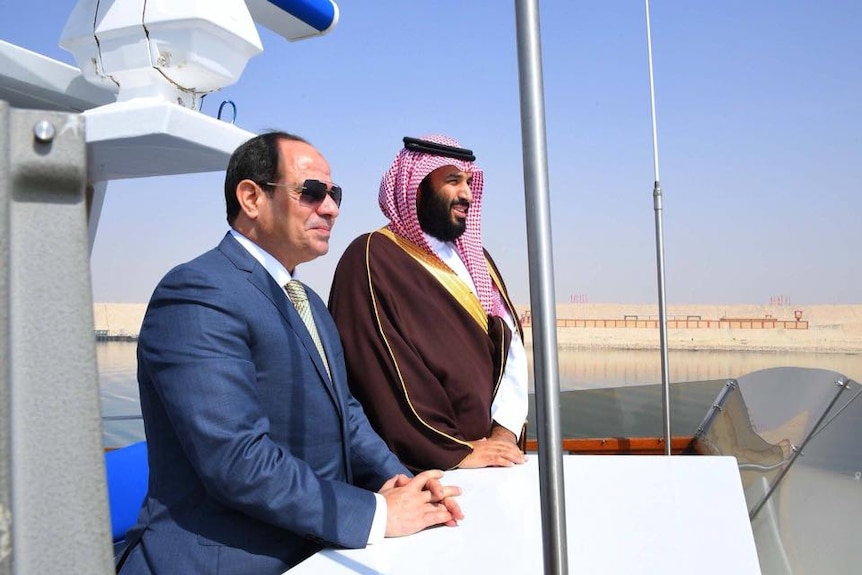 Egyptian President el Sisi with Saudi Crown Prince Mohammed bin Salman as they look out into a desert river.