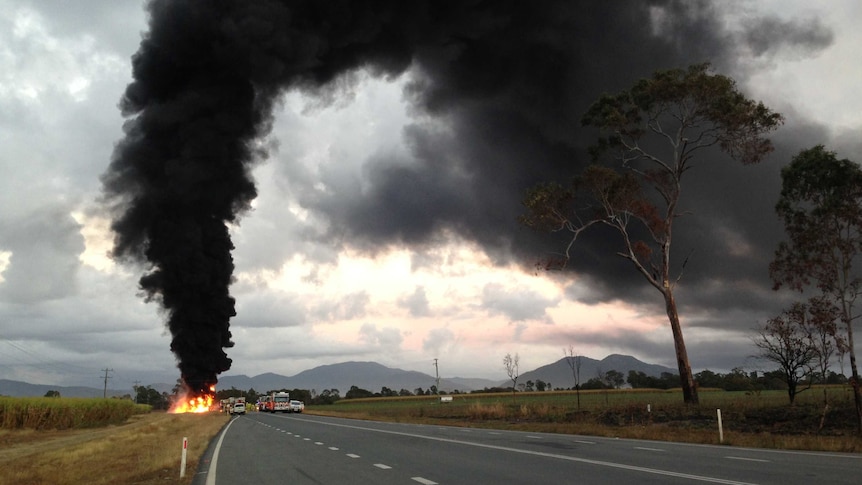 Diesel tanker on fire on Peak Downs Highway, west of Mackay.