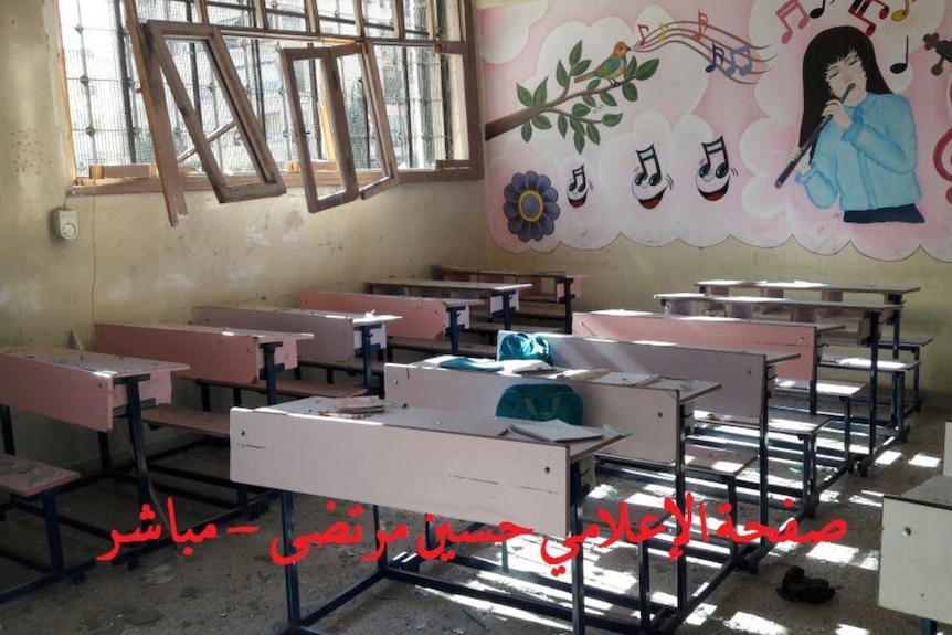 Bomb-hit classroom in Aleppo, Syria