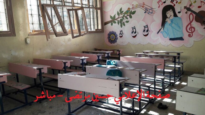 Bomb-hit classroom in Aleppo, Syria