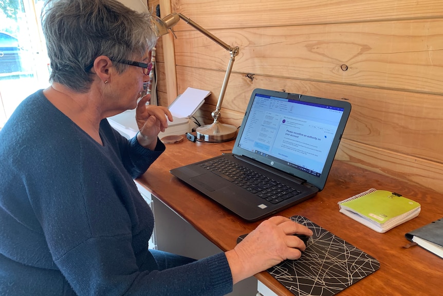 A middle-aged white woman with short grey hair. She is sitting at a desk, looking at a computer screen