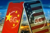 图片显示了两款由美国和中国生产的6G连接的智能手机。