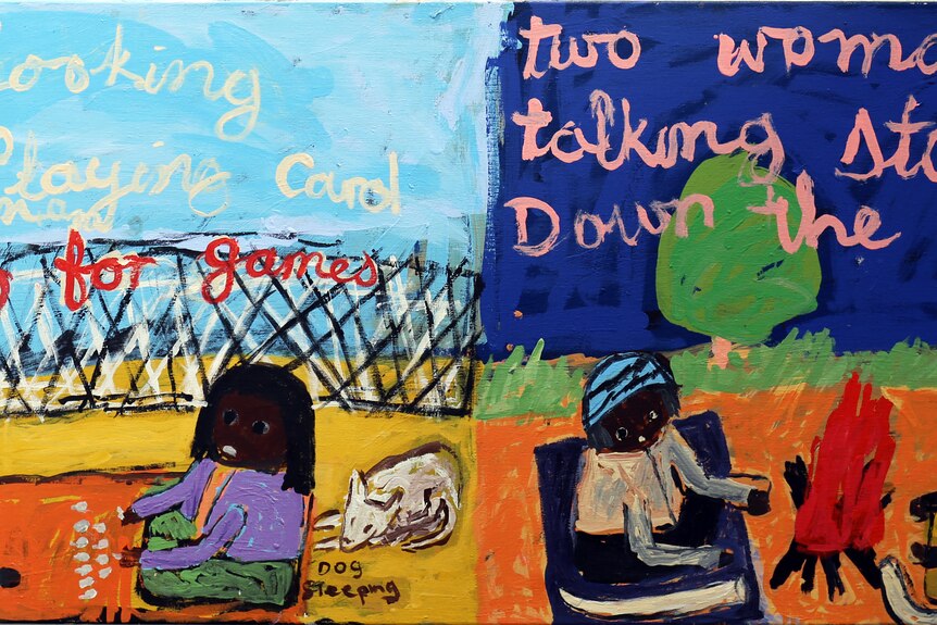 A painting with two panels, each depicting two people sitting on the ground, talking.
