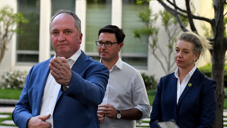 Barnaby Joyce gestures while answering questions as David Littleproud and Bridget McKenzie look on behind him
