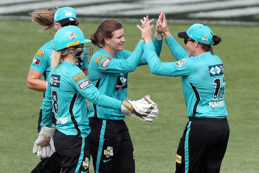 Jessica Jonassen high fives her teammates after taking a wicket.