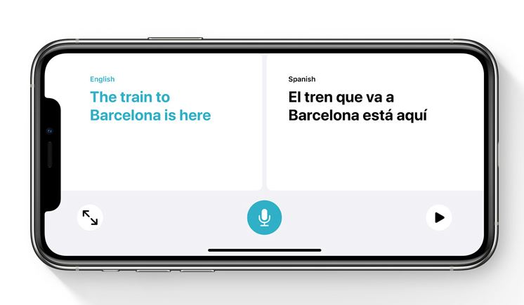 An Apple iPhone app interface with Spanish and English phrases.