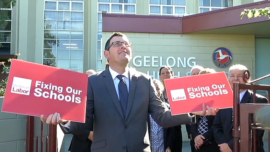 Opposition leader Daniel Andrews promises $12 million to fix Geelong High School if he wins the November election.