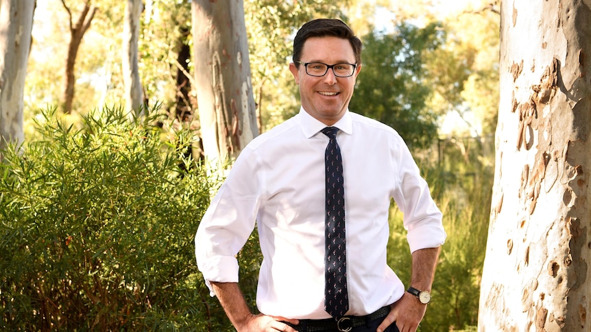 A man with glasses and dark hair smiles at the camera with his hands on his hips, in front of some trees.