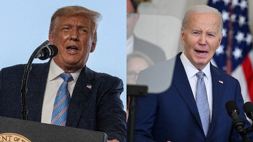 Composite of Joe Biden and Donald Trump both speaking at separate podiums 