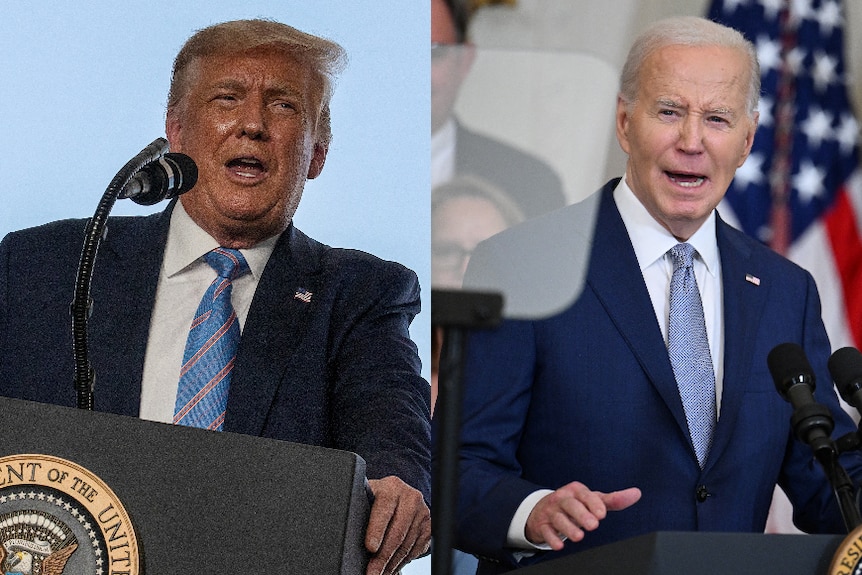 Composite of Joe Biden and Donald Trump both speaking at separate podiums 