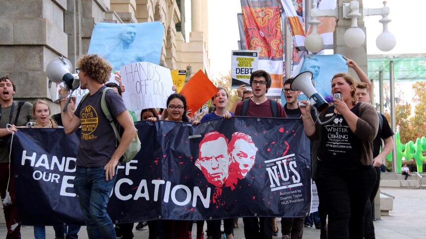 Students protest in Perth against federal cuts to education funding. May 21, 2014