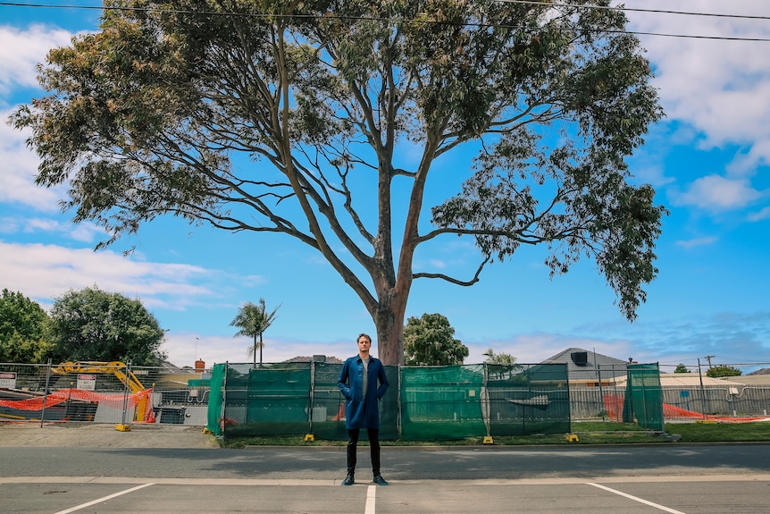 A man stands in front of a tall tree growing in the middle of what looks like a car park.