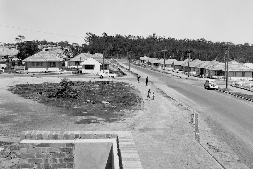 black and white semi-aerial shot of 1955 housing estate