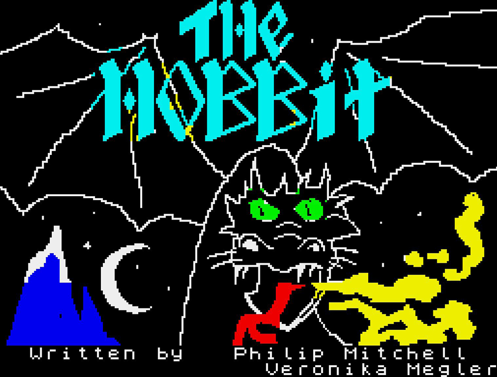 In a scene from a video game, The Hobbit is written in blue above fire-breathing dragon rendered in 8-bit graphic illustration.