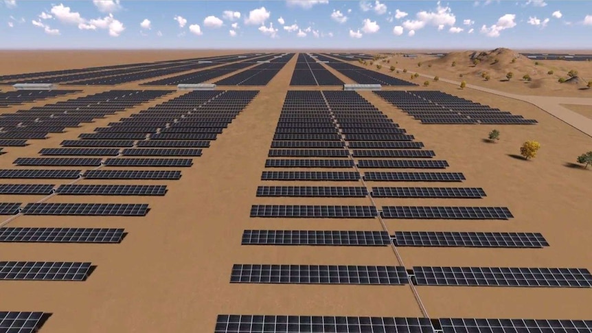 A 3D mockup showing solar panels receding into the distance