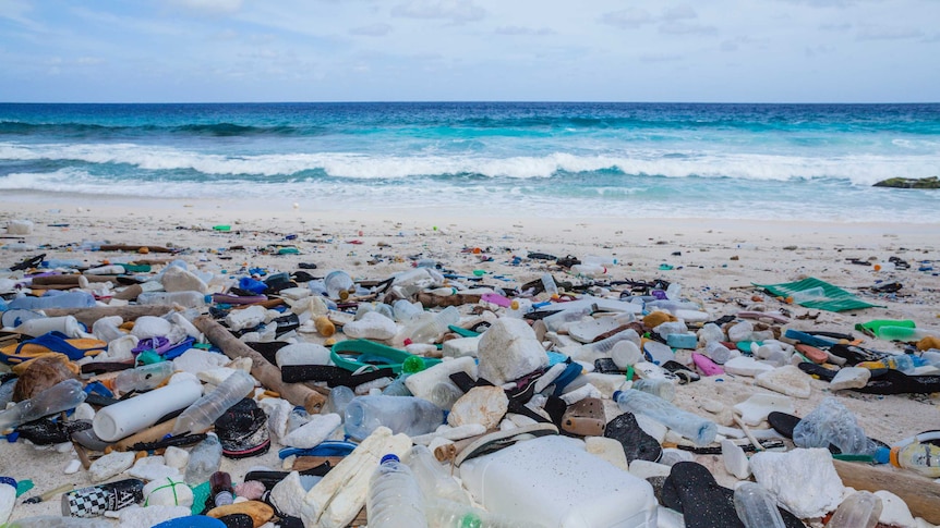 Plastic washed up on a beach on Christmas Island