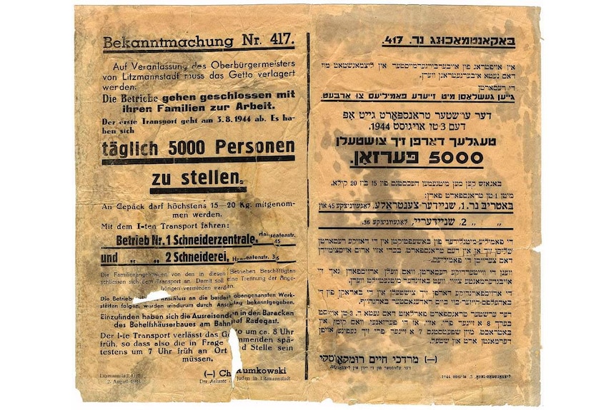 A deportation notice published in German and Yiddish, issued on 2 August 1944