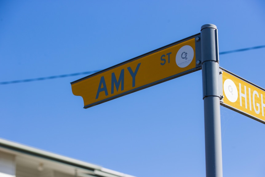 A close up of a street sign that says Amy Street in blue letters on a yellow background