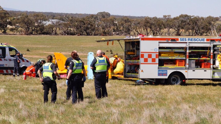 Emergency workers at the scene of a light plane crash near Stawell in western Victoria,