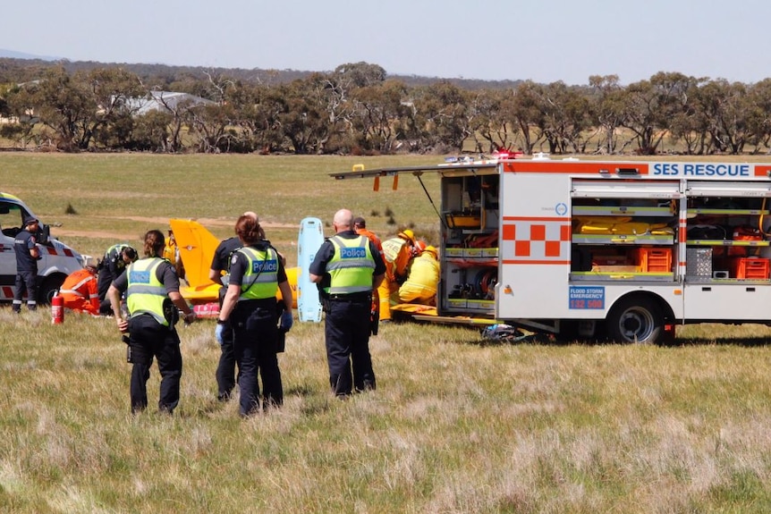 Emergency workers at the scene of a light plane crash near Stawell in western Victoria,