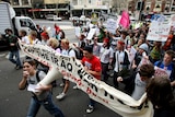 About 250 students marched in protest against the Iraq war and climate change issues.
