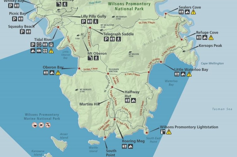 A map showing the southern part of Wilsons Promontory noting all the camp sites and facilities.