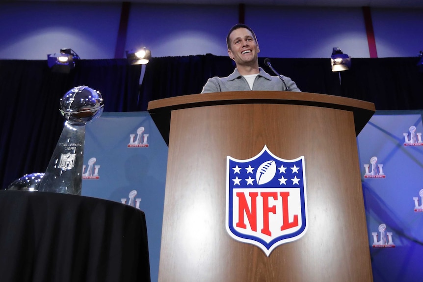 New England Patriots quarterback Tom Brady speaks during a press conference after Super Bowl 51.