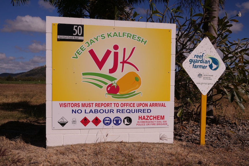 The "Veejay's Kalfresh" sign out of the front of Mr Jurgens' farm, including the message "no labour required"