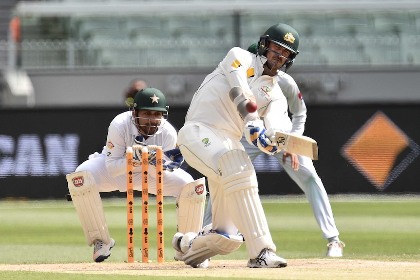 Australia's Mitchell Starc plays a shot against Pakistan at the MCG