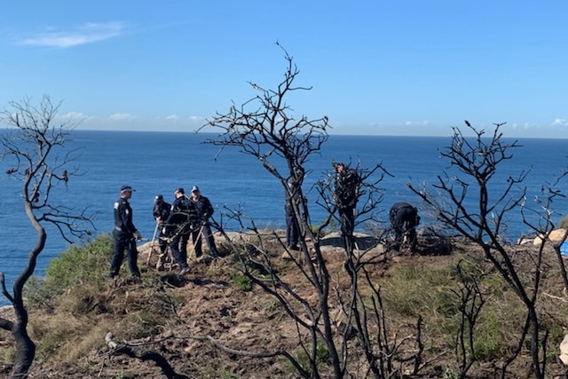 Police standing on a cliff edge.