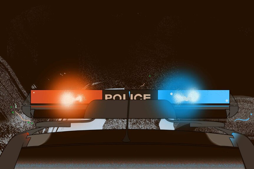 An illustration shows flashing red and blue lights atop a police car.