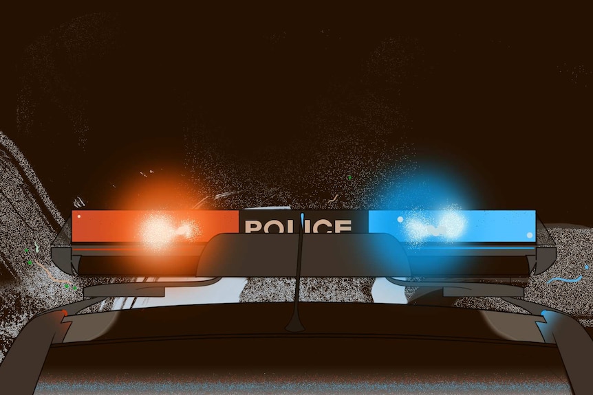 An illustration shows flashing red and blue lights atop a police car.