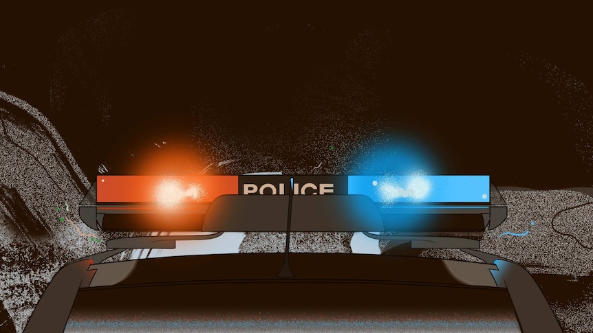 An illustration shows flashing red and blue lights atop a police car.