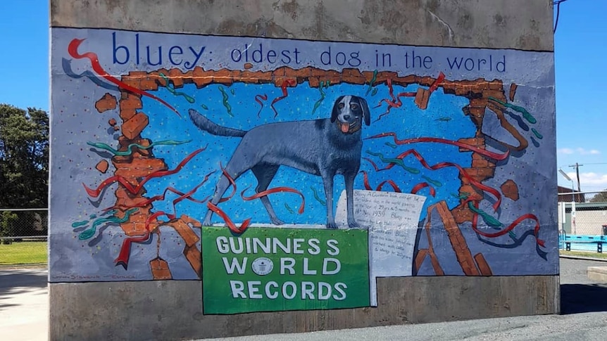 A blue mural on a brick wall depicting a smiling dog