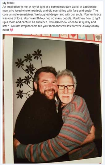 Facebook tribute post by Mark Mahoney, to his father Anthony 'Johnny' Mahoney.
