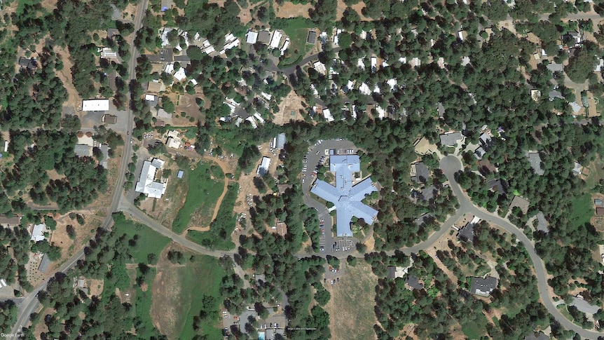 A satellite image showing the aged-care facility Cypress Meadows surrounded by greenery and housing.