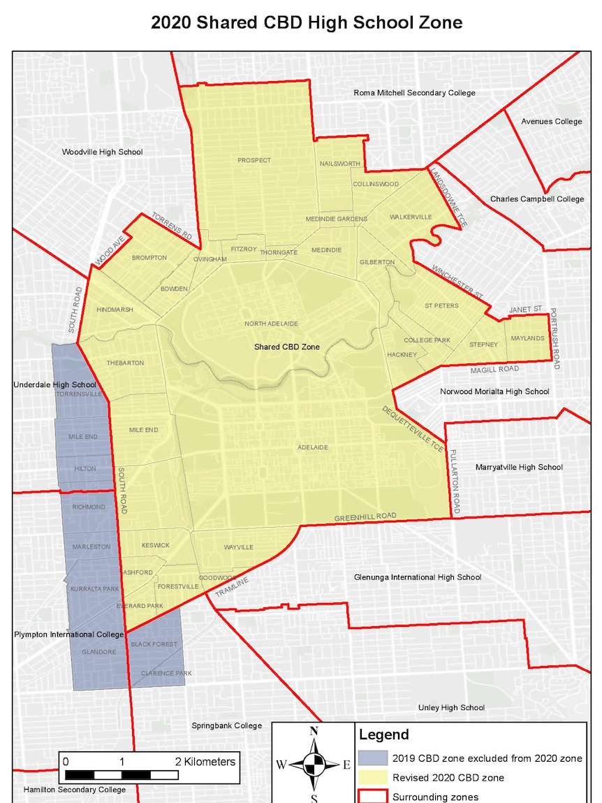 A map of Adelaide showcasing the revised shared zone for both Adelaide High and Adelaide Botanic High Schools