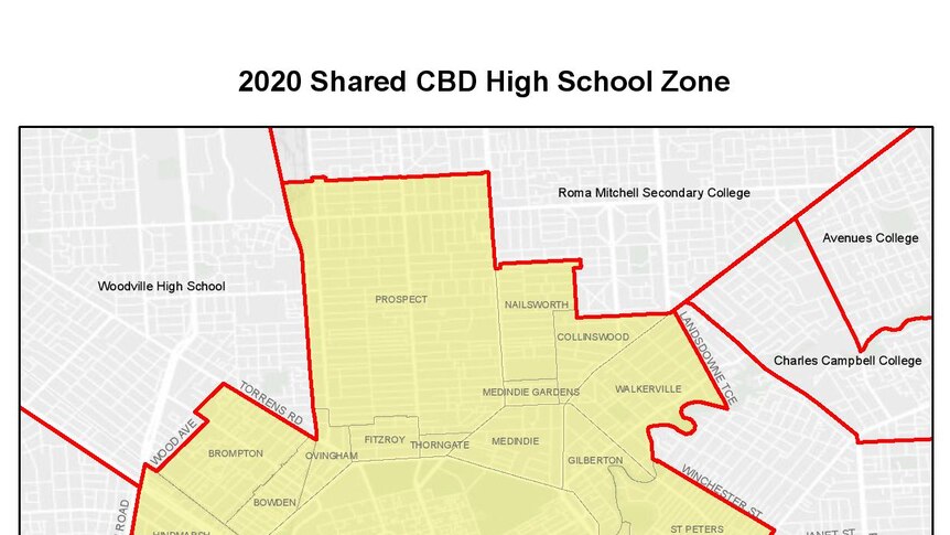 A map of Adelaide showcasing the revised shared zone for both Adelaide High and Adelaide Botanic High Schools