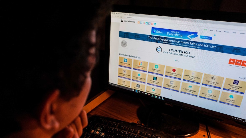 A man looks at a computer screen.