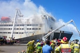 Livestock ship Ocean Drover Fremantle on fire in Fremantle Port WA 9 October 2014