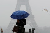 Dull grey Paris skies with Eiffel Tower